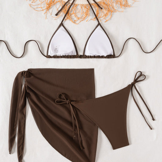 Solid brown three-piece bikini swimsuit set with a triangle top, beaded accessory, and matching sarong skirt. - Image 4