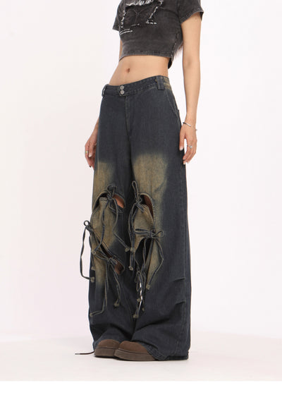 Pantalones Vaqueros Rotos con Cordones Cintura Alta Pierna Recta Mujer - Image 15