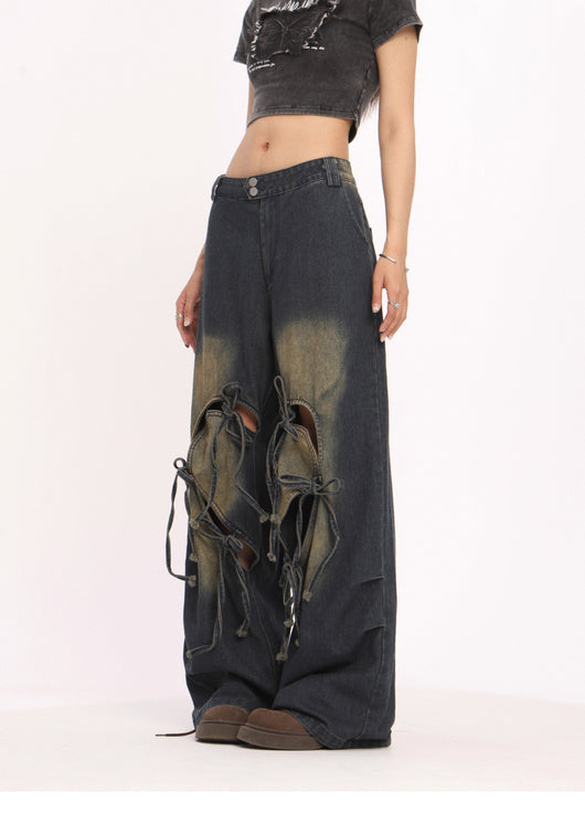 Pantalones Vaqueros Rotos con Cordones Cintura Alta Pierna Recta Mujer - Image 15