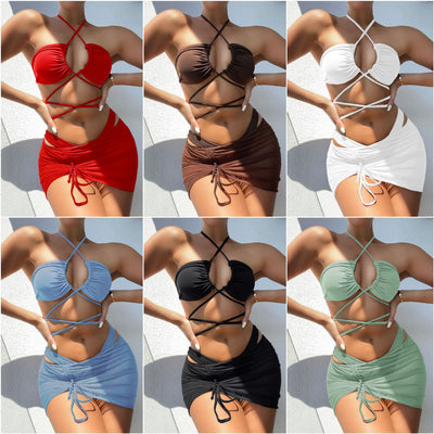 Bikini de Tres Piezas Plisado con Bandage Sexy - Diseño Liso y Sofisticado - Image 12