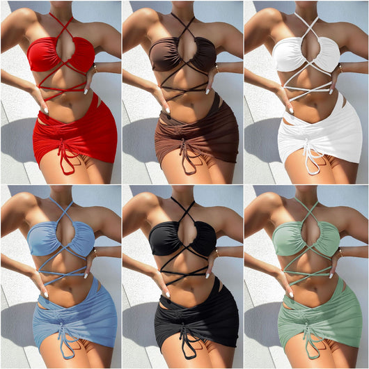 Bikini de Tres Piezas Plisado con Bandage Sexy - Diseño Liso y Sofisticado - Image 12