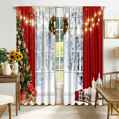 Digital printed Christmas curtains with a festive garland design, red ornaments, bows, and berries, on a white background. - Image 11