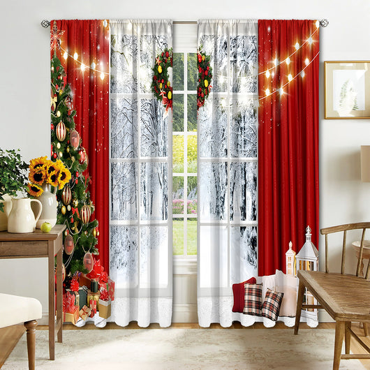 Digital printed Christmas curtains with a festive garland design, red ornaments, bows, and berries, on a white background. - Image 11