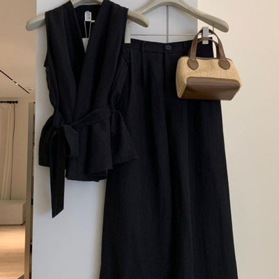 Conjunto Verano Elegante: Blusa sin Mangas Ceñida con Cordones y Pantalón Ancho de Cintura Alta - Image 3