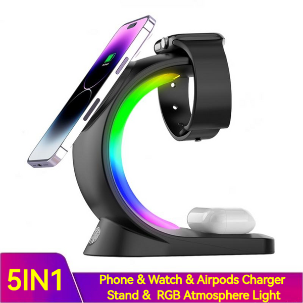 Cargador Inalámbrico Magnético 4 en 1 con Luz Ambiente para iPhone, Apple Watch y AirPods Pro