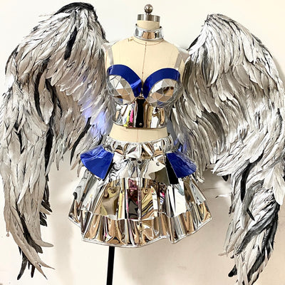 Conjunto Falda y Chaleco Plata Plumas