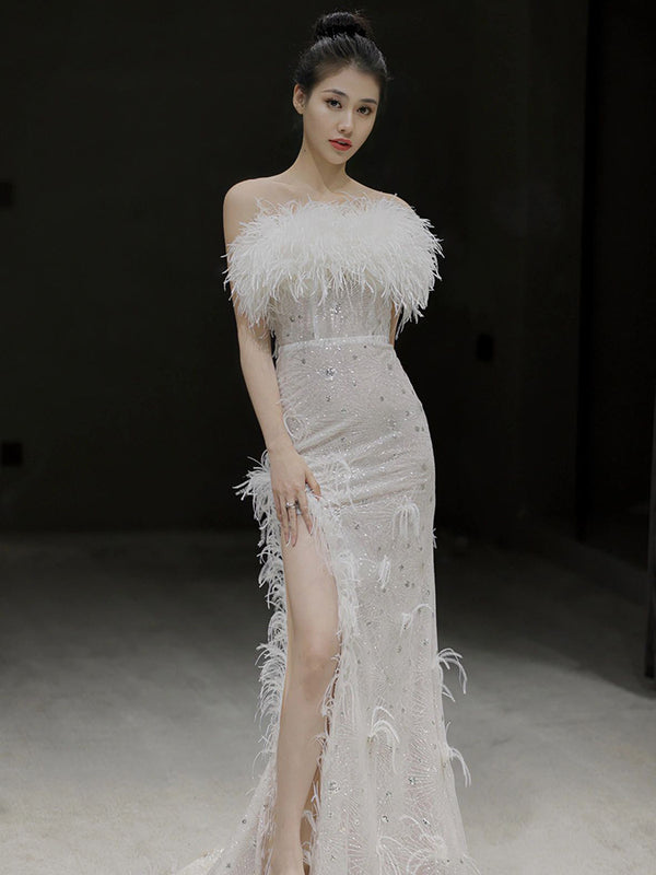 Vestido Fiesta Elegante sin Mangas con Plumas