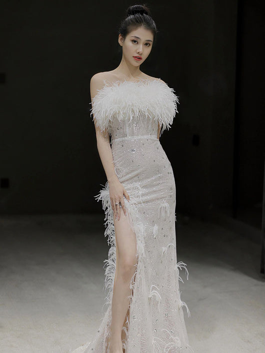 Vestido Fiesta Elegante sin Mangas con Plumas - Image 2