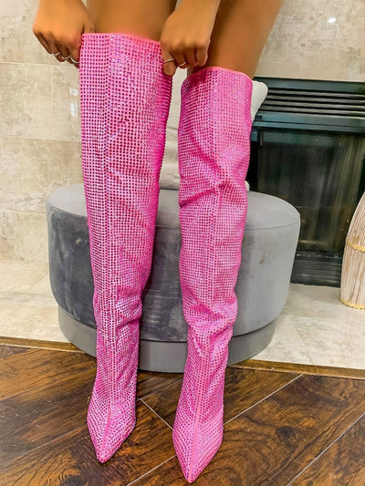 Botas Hasta la Rodilla con Tacón Cuña Punteado y Cristales Brillantes Talla Grande - Image 16