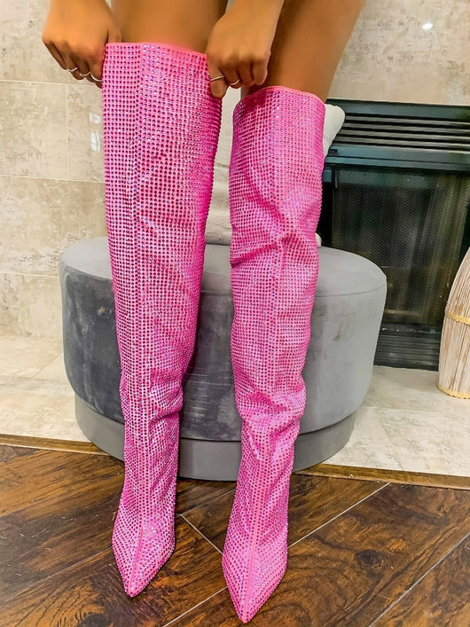 Botas Hasta la Rodilla con Tacón Cuña Punteado y Cristales Brillantes Talla Grande - Image 16