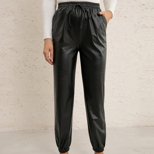 Pantalones de Cuero PU para Mujer con Cintura Elástica Versátil - Image 4