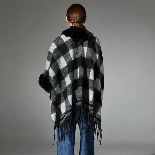 Chal Cuadros Blanco y Negro con Cuello de Piel - Estilo Europeo Otoño Invierno - Image 3