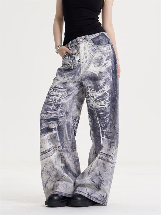 Jeans Rectos Oversize Vintage Desteñidos con Estampado Degradado para Mujer - Image 3