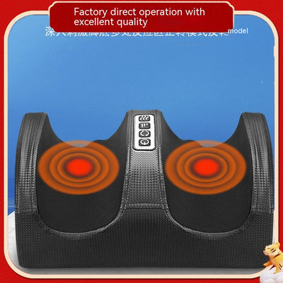 Person using a red and black electric foot massager with four control buttons for power, rotation, intensity, and heat. - Image 3