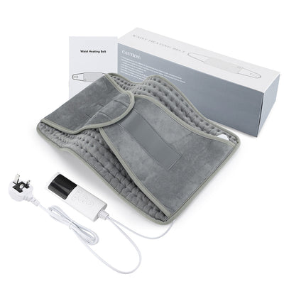 Gray quilted waist heating belt with an adjustable strap, wired remote control, and power plug, shown with its box. - Image 5