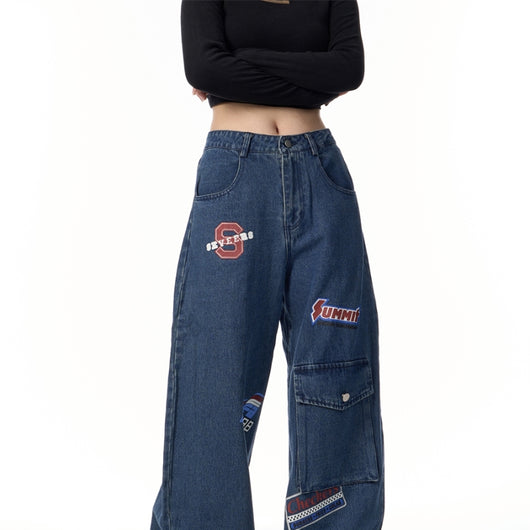 Pantalones Cargo Retro Americano con Estampado de Sellos
