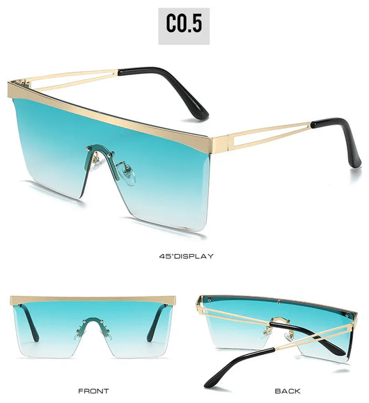 Gold frame square sunglasses with a one-piece gradient blue lens and black temple tips. - Image 23