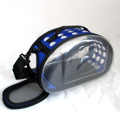 Gray and black pet carrier with a clear bubble window featuring paw prints and a mesh side for ventilation. - Image 7