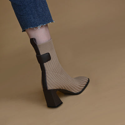 Botas Tejidas de Punta Cuadrada con Tacón Robusto y Caña Elástica - Image 12