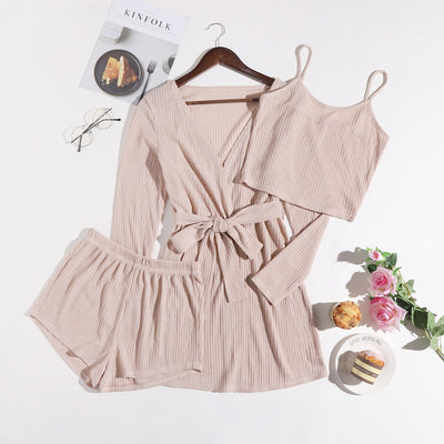 Conjunto 3 Piezas Tirantes Shorts Sólido - Pijama Cómodo para Casa