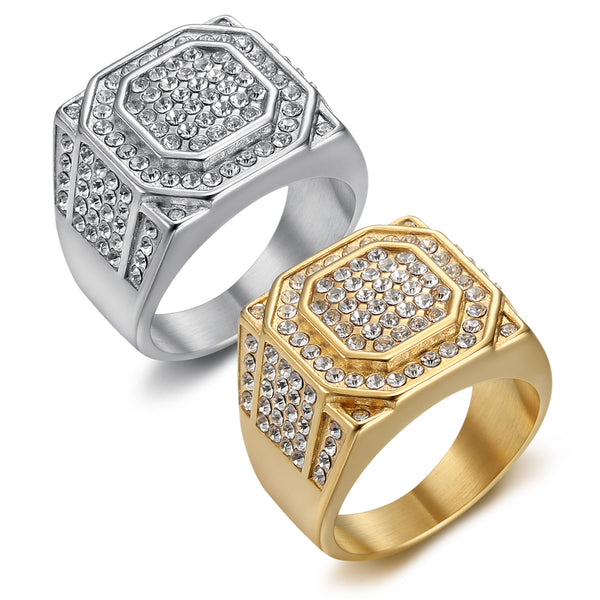 Anillo de Acero Titanio Chapado en Oro con Cristales para Hombre