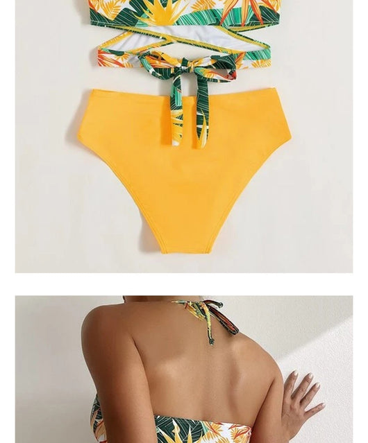Women's two-piece swimsuit with a green, yellow, and orange tropical floral print halter top and solid yellow high-waisted bikini bottoms. - Image 9