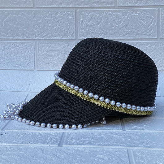 Sombrero de Paja Negro con Cadena de Perlas Artesanal - Image 15
