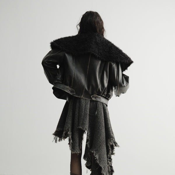 Chaqueta de Cuero Oversized con Cuello de Pelaje - Unisex Relajado
