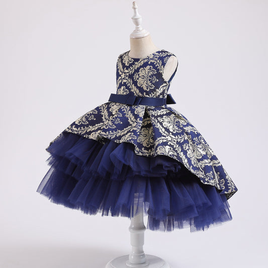 Vestido Infantil de Tul Jacquard con Pompones para Presentaciones - Image 2