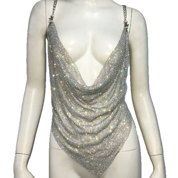 Chaleco Sexy de Cadena Metalizada con Strass y Diseño Irregular