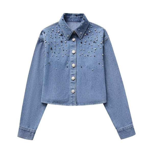 Camisa Denim Corta con Strass de Manga Larga