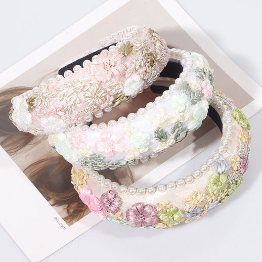 Diadema Retro con Perlas Sintéticas y Tejido Floral Tejido - Image 5