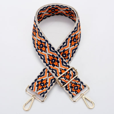Yellow and white ethnic style patterned canvas bag strap with gold-toned adjustable buckle and swivel snap hooks. - Image 3