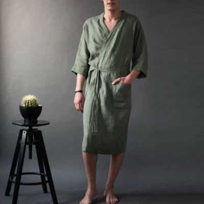Bata de Lino Larga Unisex de Color Sólido - Pijama Cómodo para Casa - Image 3