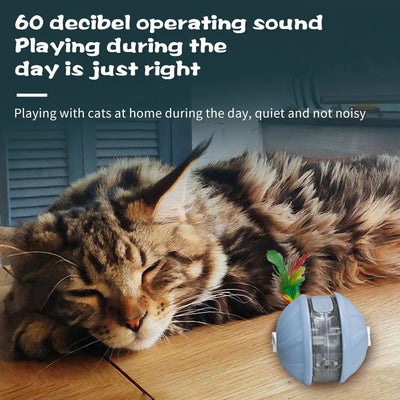Light blue and white automatic rolling cat toy ball with a purple faux tail, featuring a power button. - Image 11