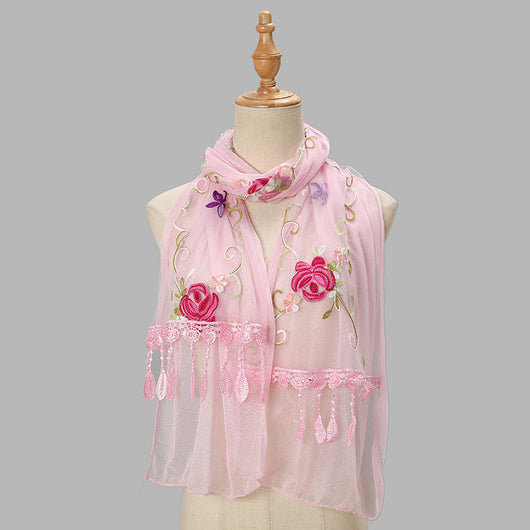 Pañuelo Floral Doble Capa con Bordado y Flecos para Mujer - Image 7