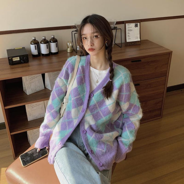 Cardigan Tejido Mujer Estilo Rombo con Textura Suave