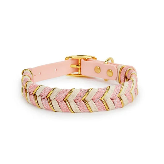 Braided dog collar with chevron pattern in cream and brown, featuring a cream strap and gold-tone metal buckle. - Image 9