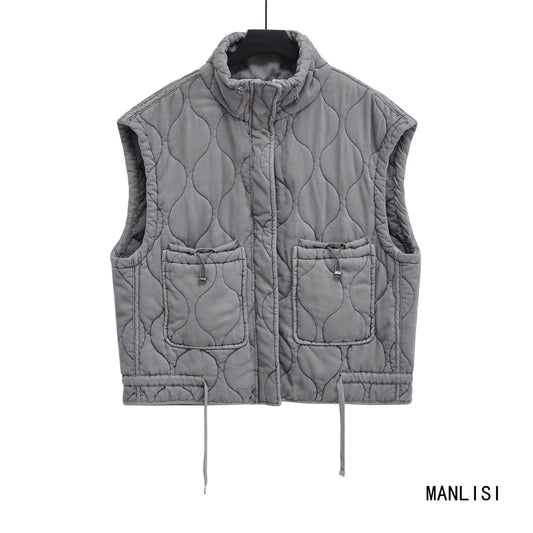 Chaleco Casual de Algodón Gris para Mujer con Cuello de Pie - Image 2