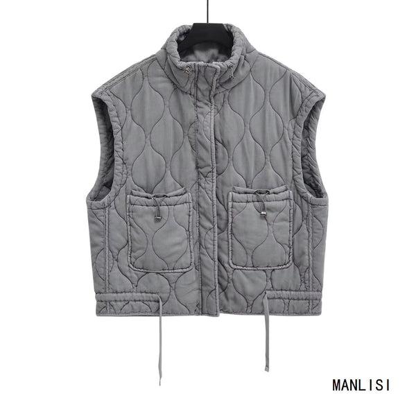 Chaleco Casual de Algodón Gris para Mujer con Cuello de Pie