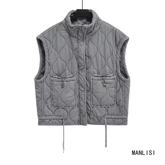 Chaleco Casual de Algodón Gris para Mujer con Cuello de Pie