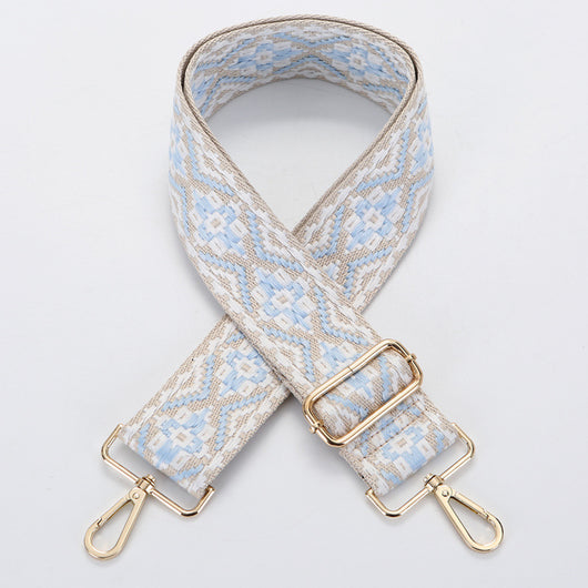 Yellow and white ethnic style patterned canvas bag strap with gold-toned adjustable buckle and swivel snap hooks. - Image 13