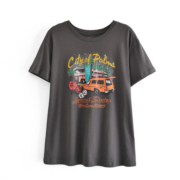 Playera Retro Americana Estampada de Manga Corta para Mujer