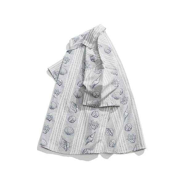 Camisa Suelta Estilo Japonés con Estampado Shell y Solapa