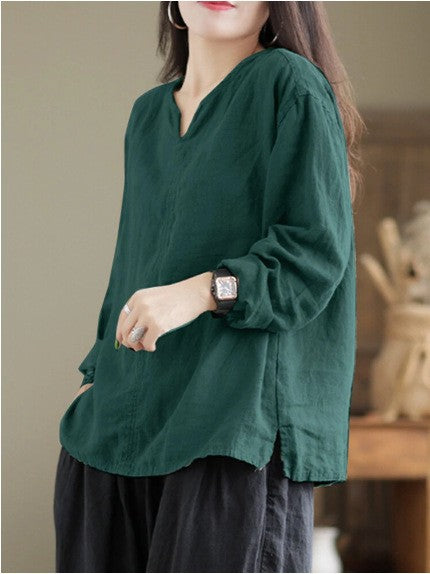 Blusa Suelta Retro Casual de Manga Larga con Abertura para Mujer - Image 11