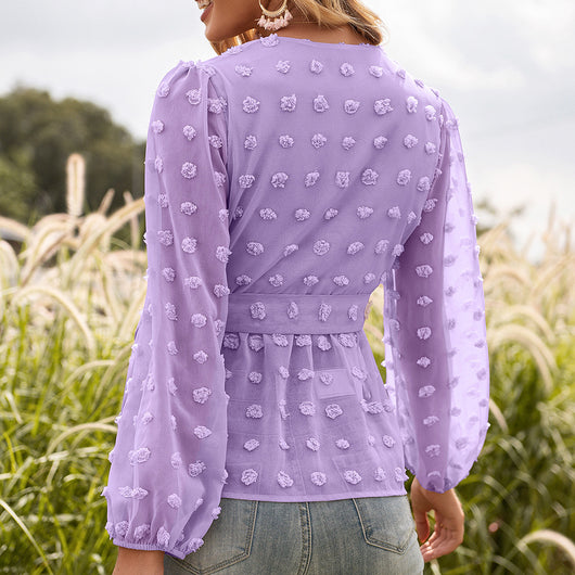 Blusa Elegante de Encaje Jacquard con Escote V y Mangas Largas - Image 3