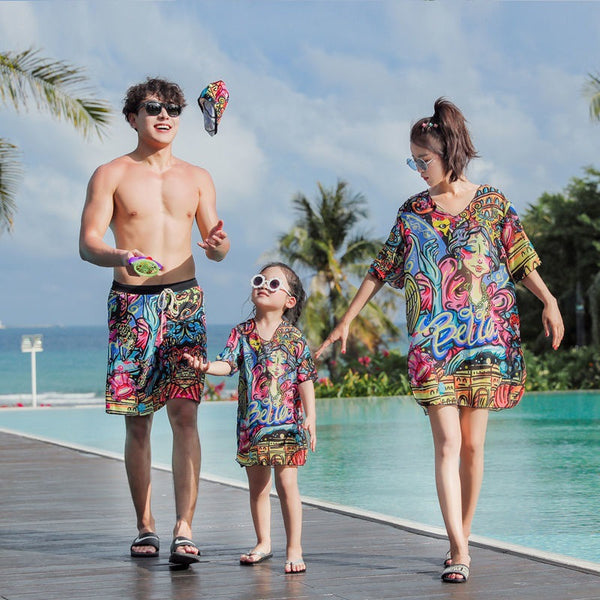 Traje de Baño Familiar Protección Solar - Conjunto para Tres con Falda Conservadora
