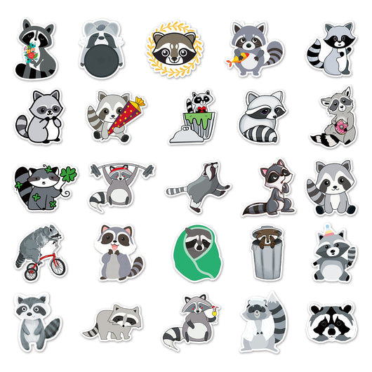 50 unique cute raccoon stickers in various cartoon styles, including raccoons with party hats, wreaths, and holding items. - Image 3