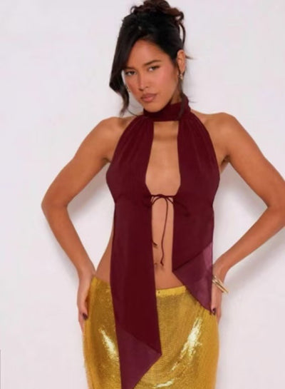 Top Halter Backless con Cuello Alto y Encaje - Image 11