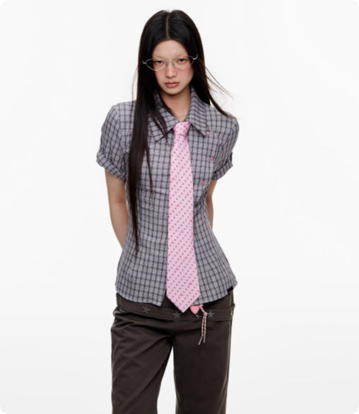 Camisa Cuadriculada Manga Corta Efecto Reductor para Mujer - Image 10